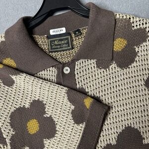 Massive Luxury Edition Sweater Mens Medium Brown Tan Floral Knit Button Up Retro